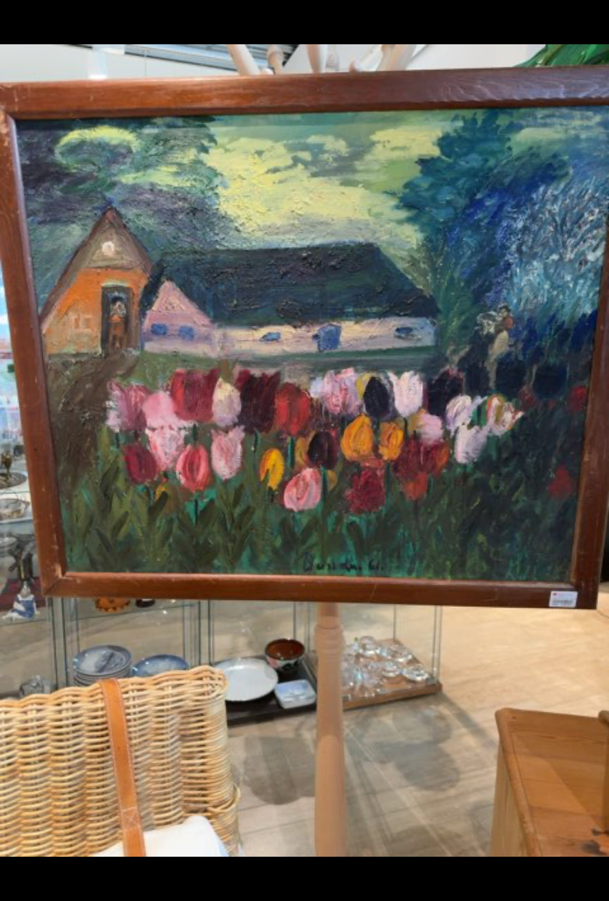 Maleri bondegård med tulipaner